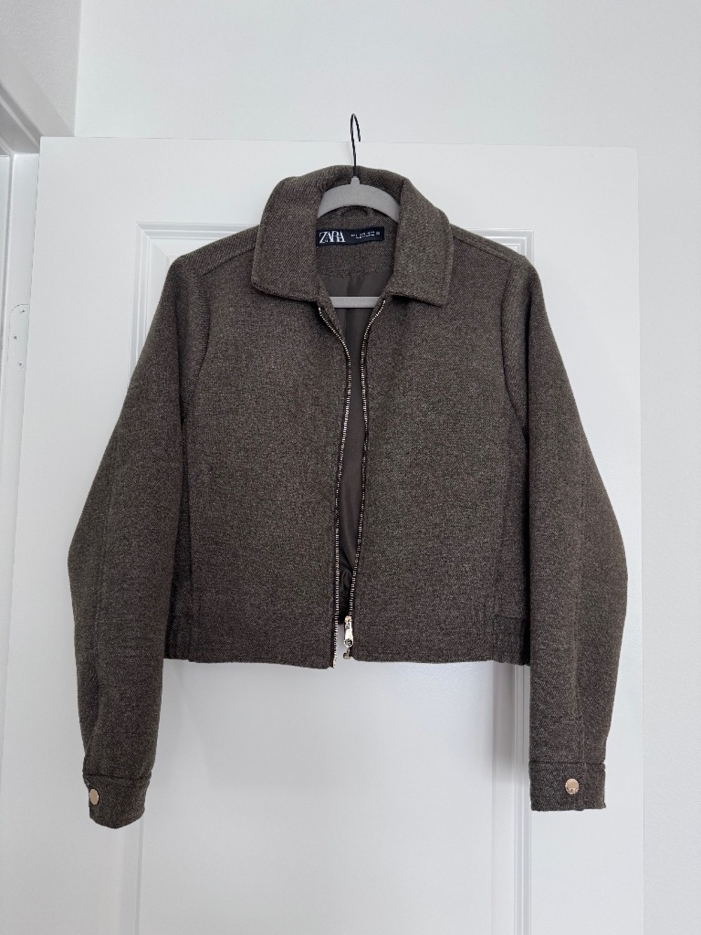Zara Textured Cropped Bomber Jacket in a dark khaki/olive